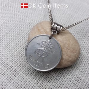 Denmark 1963 Crown R coin necklace with 61 year old 5 ore as coin pendant. Unique 61st birthday gift or Danish vintage souvenir