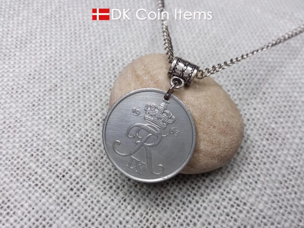 Denmark 1963 Crown R coin necklace with 61 year old 5 ore as coin pendant. Unique 61st birthday gift or Danish vintage souvenir