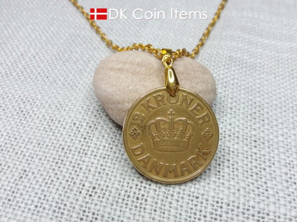 Denmark C-initial coin necklace with antique 1926 2 kroner as coin pendant. Golden 98 year old Danish Royal Crown coin. Unique souvenir gift