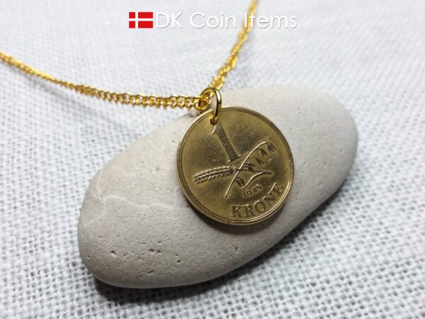 Denmark 1945 coin necklace with 79 year old golden 1 krone coin pendant. 79th birthday gift, 1st anniversary gift, Danish vintage souvenir