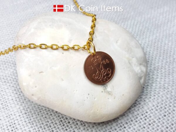 Denmark 1988 coin necklace with 36 year old Crown M initial 5 ore as coin pendant. 36th birthday gift. Danish vintage souvenir