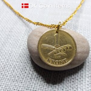 Denmark 1947 coin necklace with 77 year old golden 1 krone coin pendant. 77th birthday gift, 1st anniversary gift, Danish vintage souvenir