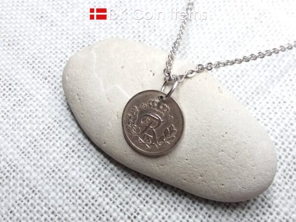 Denmark 1949 coin necklace with 75 year old Crown R initial 10 ore as coin pendant. 75th birthday gift. Danish vintage souvenir