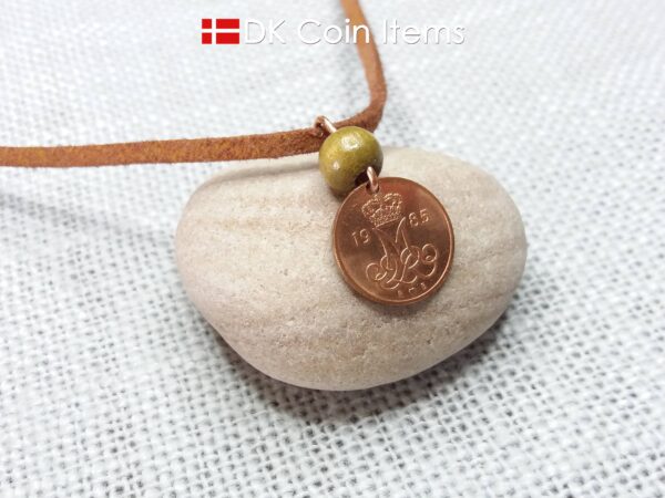 Crown M-initial 1985 coin necklace with 39 year old Danish 5 ore as coin pendant. 39th birthday gift. Danish vintage souvenir