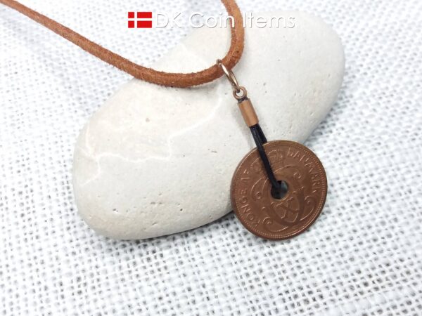 Antique Crown C-initial 1928 coin necklace with 96 year old Danish copper 2 ore as coin pendant in leather strap. Denmark Vintage souvenir