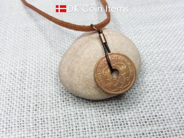 Antique Crown C-initial 1929 coin necklace with 95 year old Danish copper 2 ore as coin pendant in leather strap. Denmark Vintage souvenir