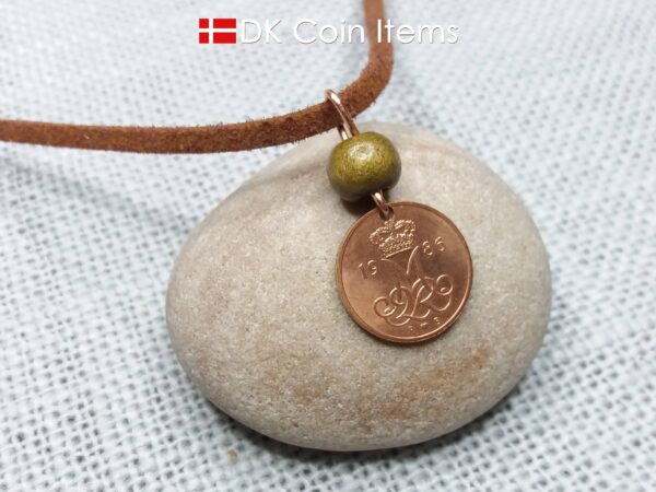 Crown M-initial 1986 coin necklace with 38 year old Danish 5 ore as coin pendant. 38th birthday gift. Danish vintage souvenir