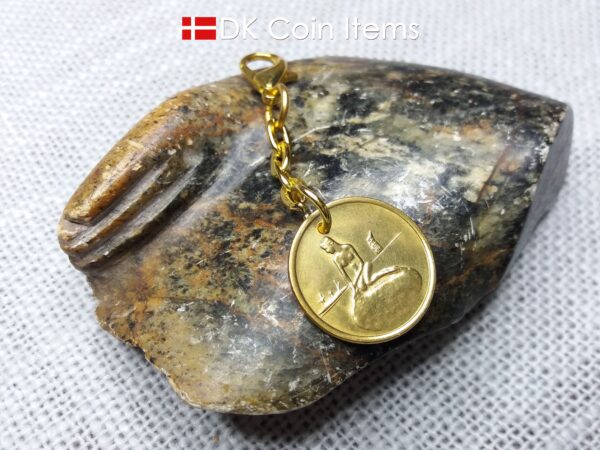 Danish Coin charm with the Little Mermaid sculpture in Copenhagen on vintage 1966-1967 fare token as pendant