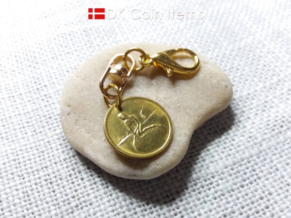 Danish Coin charm with the Little Mermaid sculpture in Copenhagen on vintage 1966-1967 fare token as pendant