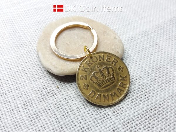 98 year old Crown C-initial coin keychain with golden 2 kroner 1926 from Denmark as coin pendant. Antique Danish vintage souvenir gift