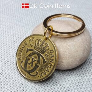 Crown C-initial coin keychain with golden 98 year old 1926 2 kroner from Denmark as coin pendant. Antique Danish vintage souvenir gift