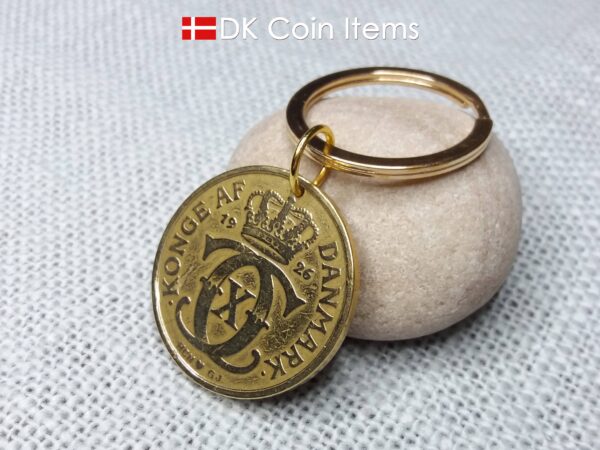 Crown C-initial coin keychain with golden 98 year old 1926 2 kroner from Denmark as coin pendant. Antique Danish vintage souvenir gift