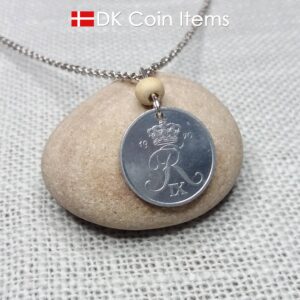 Crown R-initial 1970 coin necklace with 54 year old 2 ore from Denmark as coin pendant. 54th birthday gift. Danish vintage souvenir