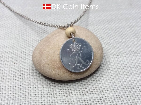 Crown R-initial 1970 coin necklace with 54 year old 2 ore from Denmark as coin pendant. 54th birthday gift. Danish vintage souvenir