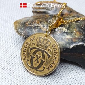 Crown C-initial coin necklace with golden 98 year old 1926 2 kroner from Denmark as coin pendant. Antique Danish vintage souvenir gift