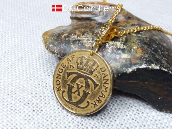 Crown C-initial coin necklace with golden 98 year old 1926 2 kroner from Denmark as coin pendant. Antique Danish vintage souvenir gift