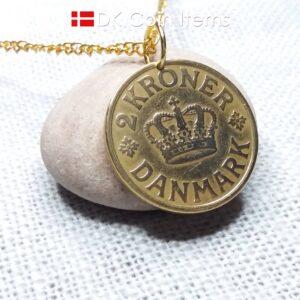 Crown C initial coin pendant necklace with an antique Danish golden 1926 coin (31mm/1¹/₄", 13 grams) on a gold plated ring. Denmark souvenir