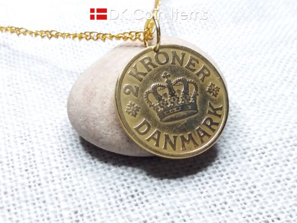 Crown C initial coin pendant necklace with an antique Danish golden 1926 coin (31mm/1¹/₄", 13 grams) on a gold plated ring. Denmark souvenir