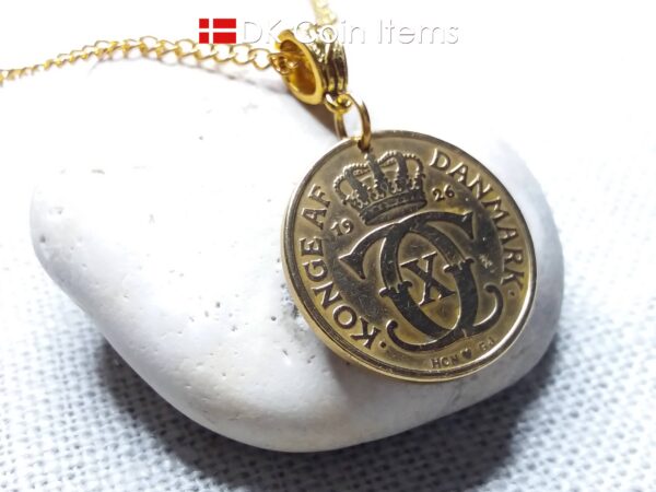 Golden 98 year old Crown C-initial coin necklace with 2 kroner 1926 from Denmark as coin pendant. Antique Danish vintage souvenir gift