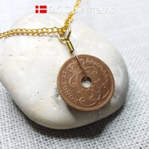 Denmark Crown C initial coin necklace with 97 year old Danish copper 5 ore as pendant. Antique 1927 vintage souvenir. 97th birthday gift