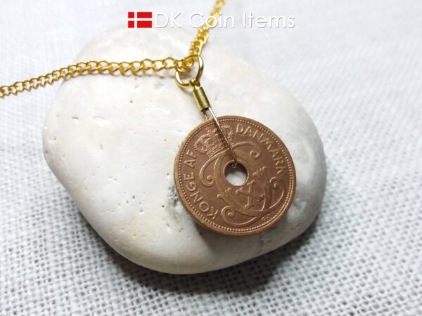 Denmark Crown C initial coin necklace with 97 year old Danish copper 5 ore as pendant. Antique 1927 vintage souvenir. 97th birthday gift