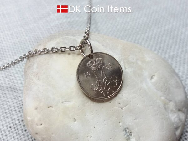 Denmark 1981 coin necklace with 43 year old Crown M initial 10 ore as coin pendant. 43rd birthday gift. Danish vintage souvenir