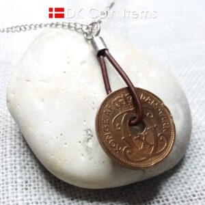 Antique Crown C-initial 1927 coin necklace with 97 year old Danish copper 5 ore as coin pendant in leather strap. Denmark Vintage souvenir