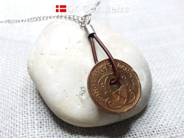 Antique Crown C-initial 1927 coin necklace with 97 year old Danish copper 5 ore as coin pendant in leather strap. Denmark Vintage souvenir