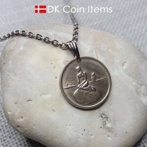 Denmark Little Mermaid coin necklace with Copenhagen vintage 1966-1967 fare token pendant showing sculpture of The Danish Little Mermaid