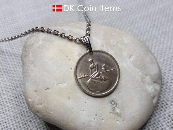 Denmark Little Mermaid coin necklace with Copenhagen vintage 1966-1967 fare token pendant showing sculpture of The Danish Little Mermaid