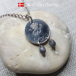 1969 Crown R initial coin necklace with 55 year old 2 ore from Denmark as coin pendant. 55th birthday gift. Danish vintage souvenir