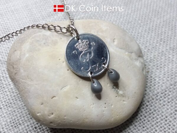 1969 Crown R initial coin necklace with 55 year old 2 ore from Denmark as coin pendant. 55th birthday gift. Danish vintage souvenir