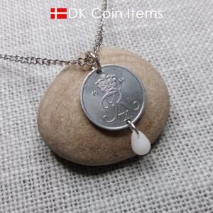 Denmark 1969 Crown R initial coin necklace with 55 year old 2 ore as coin pendant. 55th birthday gift. Danish vintage souvenir