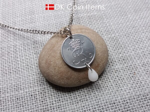 Denmark 1969 Crown R initial coin necklace with 55 year old 2 ore as coin pendant. 55th birthday gift. Danish vintage souvenir