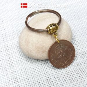 Denmark 1953 Crown R initial coin keychain with 71 year old 25 ore - decoratively copper plated - as coin pendant. 71st birthday gift