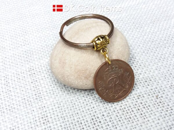 Denmark 1953 Crown R initial coin keychain with 71 year old 25 ore - decoratively copper plated - as coin pendant. 71st birthday gift