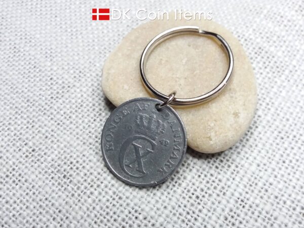 Denmark 1942 coin keychain with 82 year old Crown C initial 5 ore as coin pendant. 82nd birthday gift. Antique Danish vintage souvenir gift