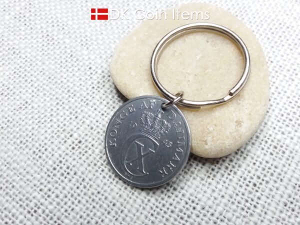 Denmark 1943 coin keychain with 81 year old Crown C initial 5 ore as coin pendant. 81st birthday gift. Antique Danish vintage souvenir gift