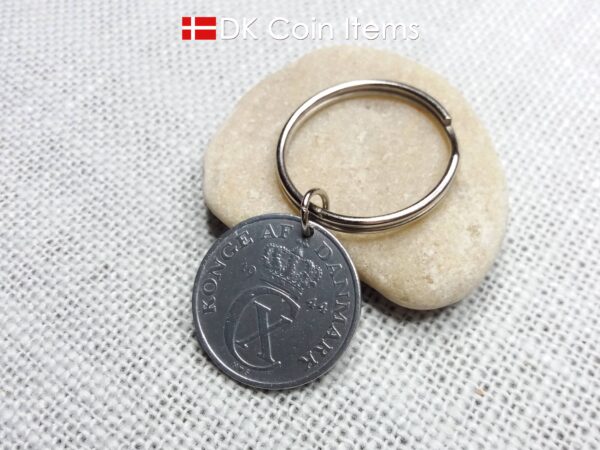 Denmark 1944 coin keychain with 80 year old Crown C initial 5 ore as coin pendant. 80th birthday gift. Antique Danish vintage souvenir gift