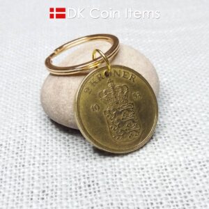 Denmark 1953 coin keychain with 71 year old golden Crown Coat of Arms 2 kroner as coin pendant. 71st birthday gift. Danish vintage souvenir