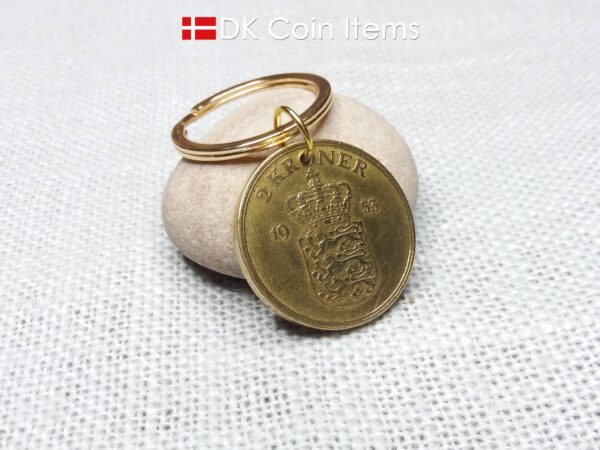 Denmark 1953 coin keychain with 71 year old golden Crown Coat of Arms 2 kroner as coin pendant. 71st birthday gift. Danish vintage souvenir