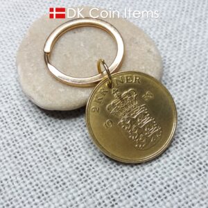 Denmark 1958 coin keychain with 66 year old golden Crown Coat of Arms 2 kroner as coin pendant. 66th birthday gift. Danish vintage souvenir