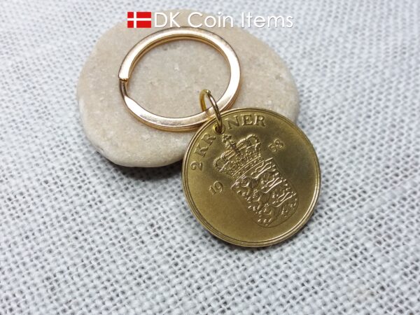 Denmark 1958 coin keychain with 66 year old golden Crown Coat of Arms 2 kroner as coin pendant. 66th birthday gift. Danish vintage souvenir