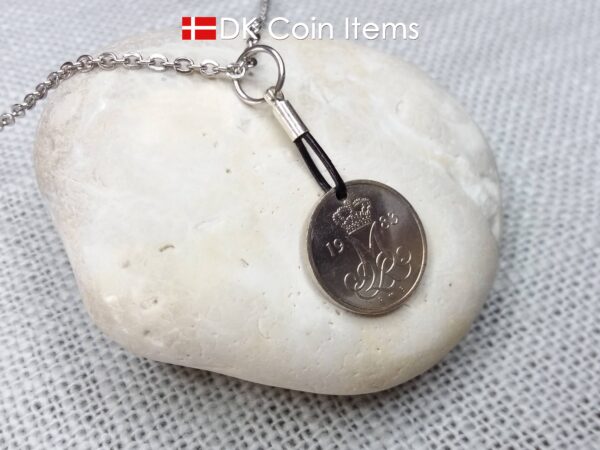 Denmark 1983 coin necklace with 41 year old Crown M initial 10 ore as coin pendant. 41st birthday gift. Danish vintage souvenir