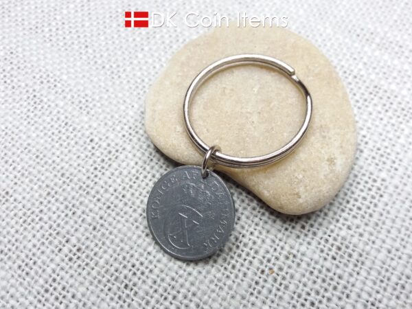 Denmark 1942 coin keychain with 82 year old Crown C initial 2 ore as coin pendant. 82nd birthday gift. Antique Danish vintage souvenir gift