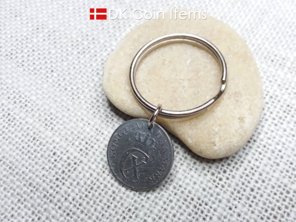 Denmark 1943 coin keychain with 81 year old Crown C initial 2 ore as coin pendant. 81st birthday gift. Antique Danish vintage souvenir gift