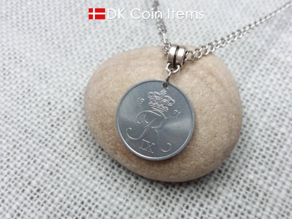 1971 coin necklace with 54 year old Crown R initial 2 ore from Denmark as coin pendant. 53rd birthday gift. Danish vintage souvenir