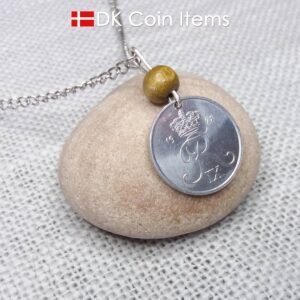 Crown R initial 1971 coin necklace with 53 year old 2 ore from Denmark as coin pendant. 53rd birthday gift. Danish vintage souvenir