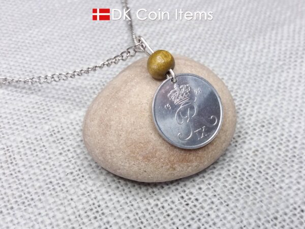 Crown R initial 1971 coin necklace with 53 year old 2 ore from Denmark as coin pendant. 53rd birthday gift. Danish vintage souvenir