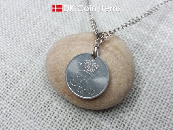 1971 Crown R coin pendant necklace with 53 year old 2 ore from Denmark. 53rd birthday gift. 2nd anniversary gift. Danish vintage souvenir